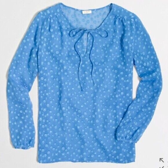 J. CREW Womens SMALL Blue Clip Dot Tie-Neck Sheer Long Sleeve BLOUSE E4291 EUC - Picture 2 of 10